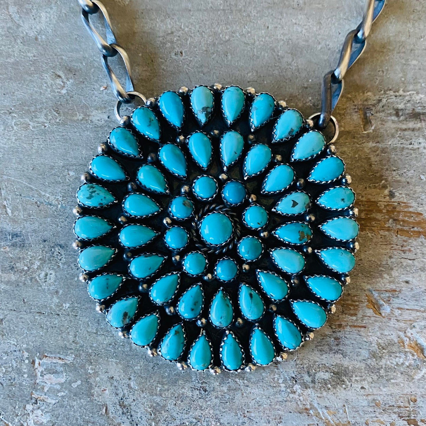 Navajo Lorenzo Jerilyn Chee Sterling Silver & Kingman Turquoise Cluster Necklace