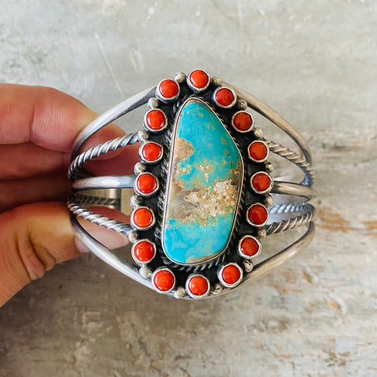 Navajo Chester Charley Sterling Silver - Red Coral & Royston Turquoise Cuff