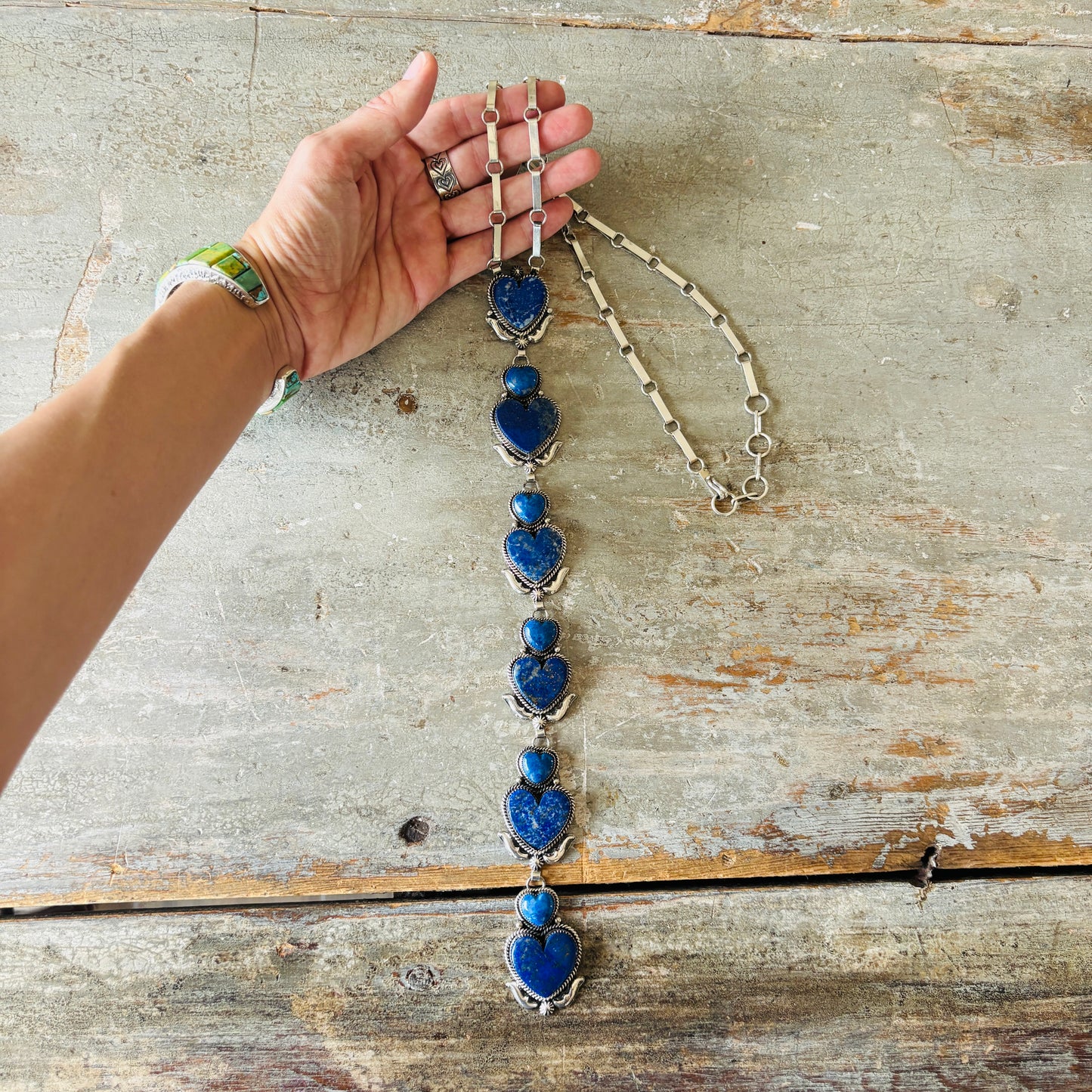 Navajo Hemerson Brown Sterling Silver & Lapis Hearts Statement Lariat Necklace