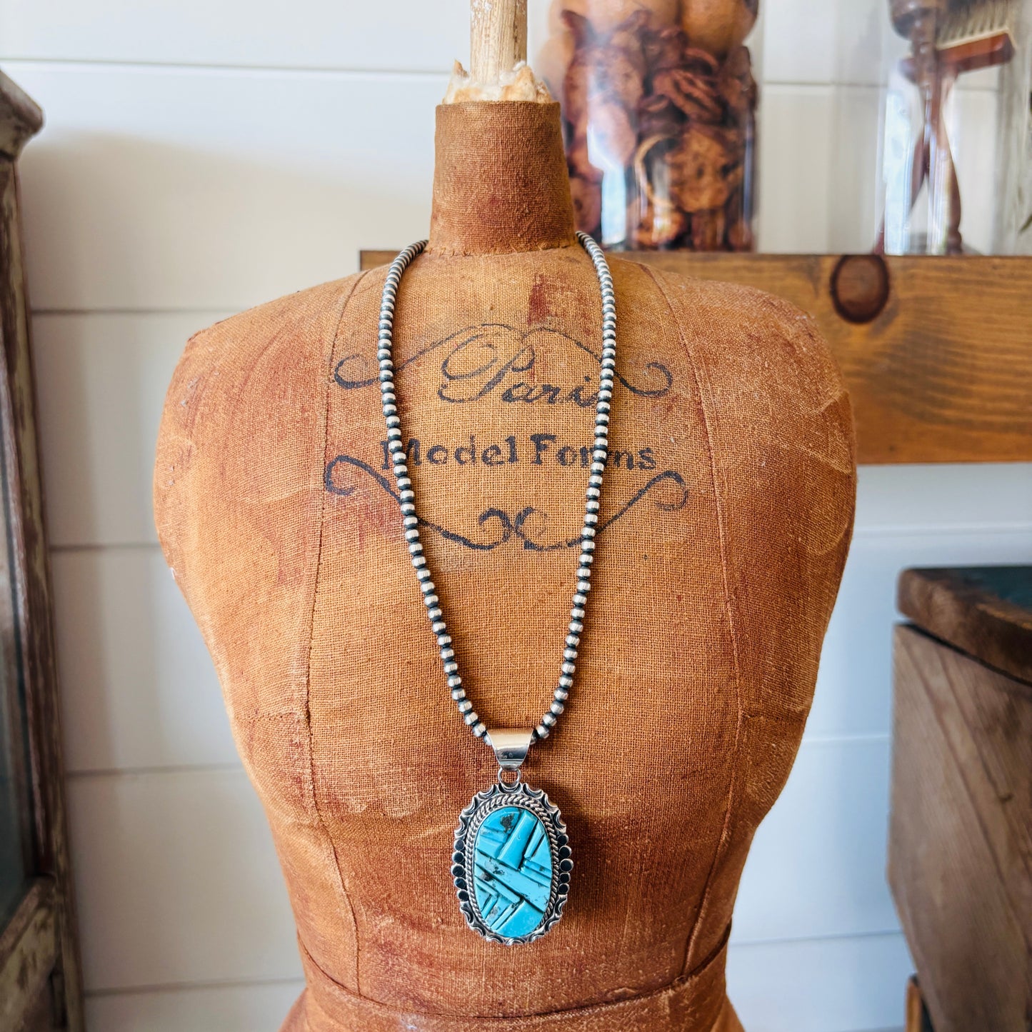 Navajo Morgan Spencer Sterling Silver & Kingman Turquoise Cobblestone Pendant