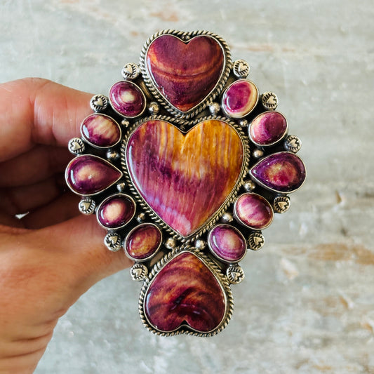 Navajo Tyler Brown Sterling Silver & Purple Spiny Hearts Statement Ring
