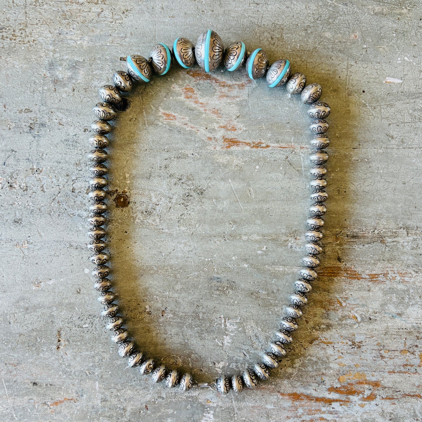 Vintage Signed BJ Sterling Silver & Turquoise Inlay Graduated Handmade Pearls