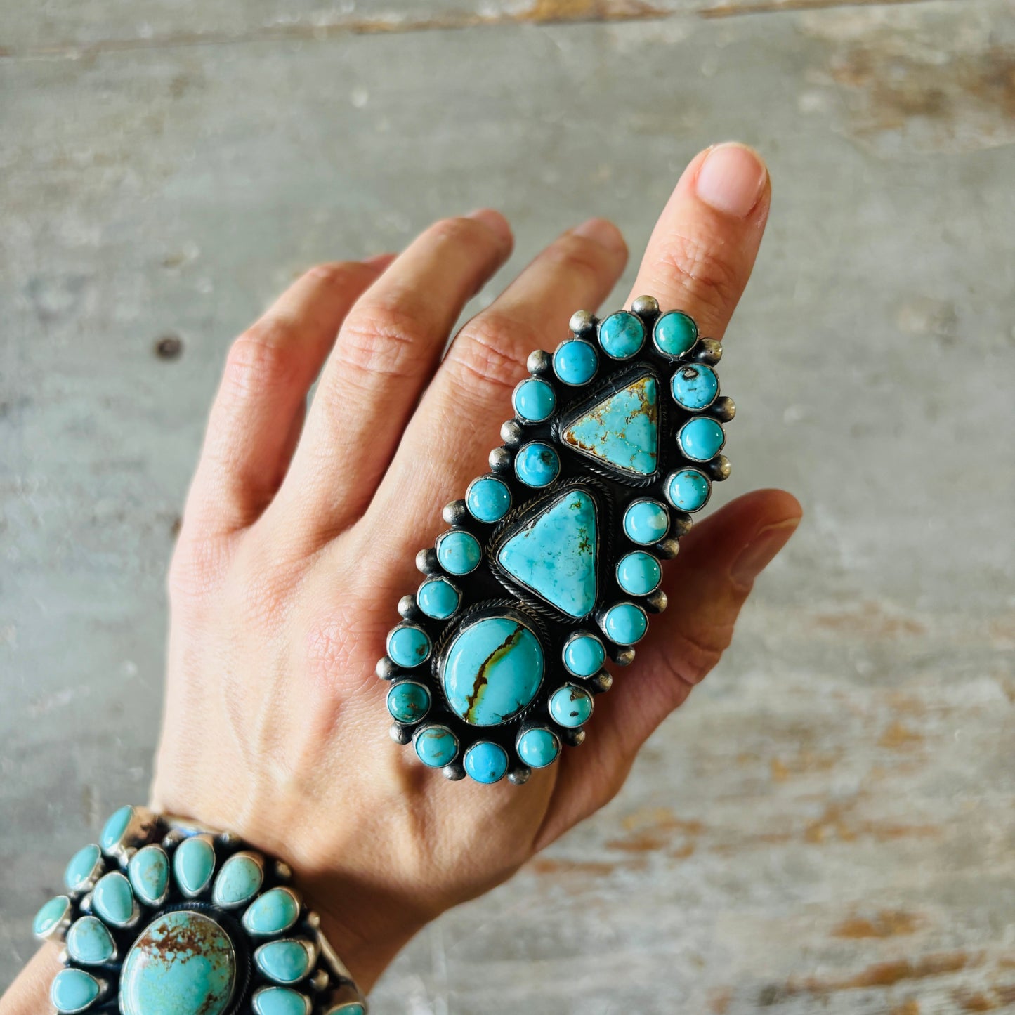 Navajo Bobby Johnson Sterling Silver & Mixed Turquoise Cluster Ring