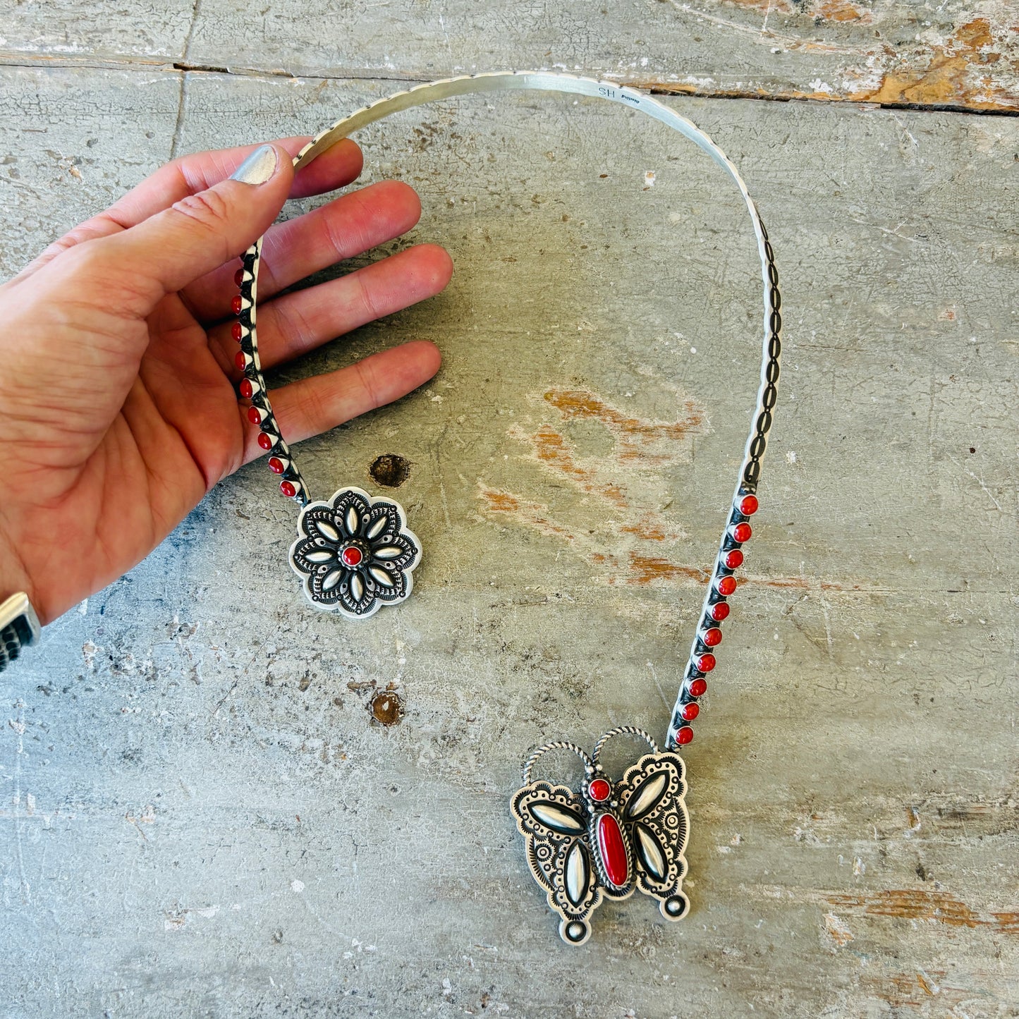 Navajo Hemerson Smith Sterling Silver & Red Coral Butterfly Collar Necklace
