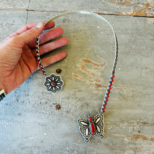 Navajo Hemerson Smith Sterling Silver & Red Coral Butterfly Collar Necklace