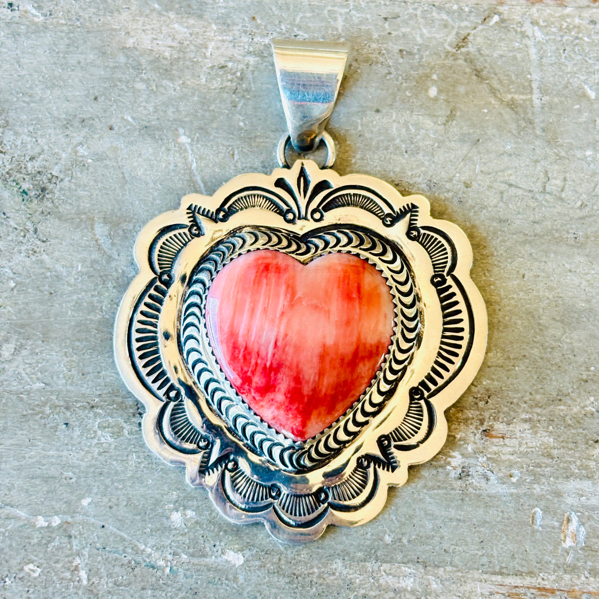 Navajo Arnold Blackgoat Sterling Silver & Red Spiny Oyster Heart Pendant