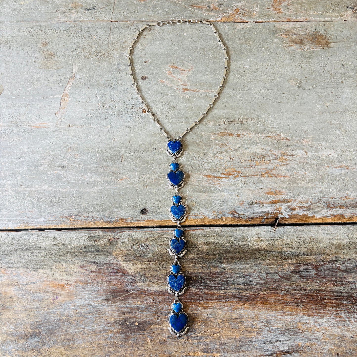 Navajo Hemerson Brown Sterling Silver & Lapis Hearts Statement Lariat Necklace