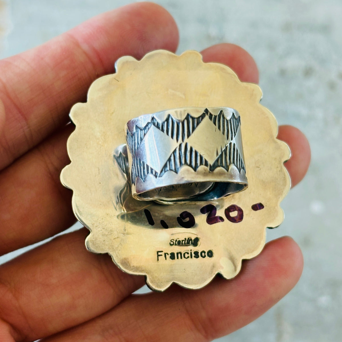 Navajo Dustin Francisco Sterling Silver & Pink Conch Cluster Ring