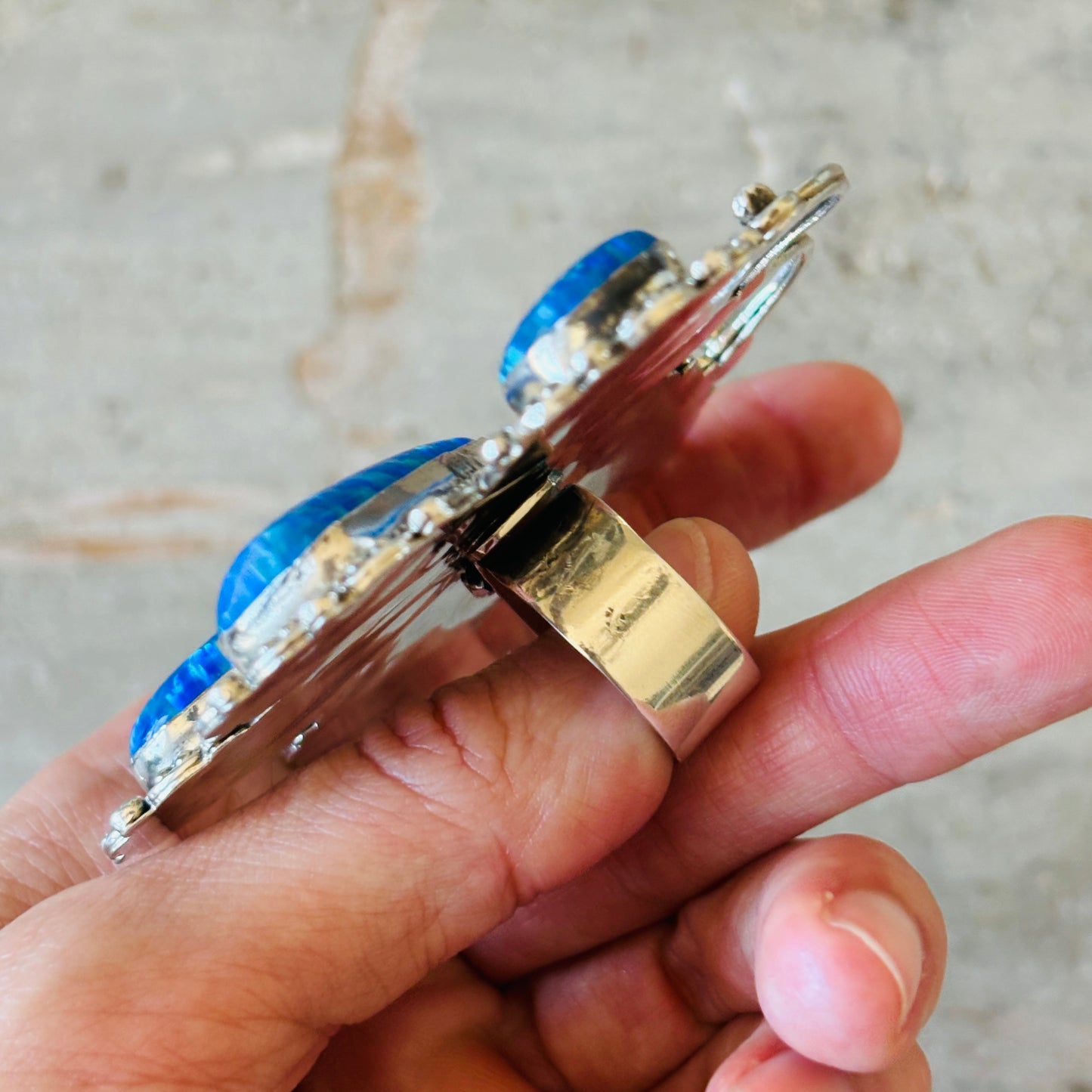Navajo Hemerson Brown Sterling Silver - Blue Lab Opal & Sleeping Beauty Turquoise Dragonfly Ring