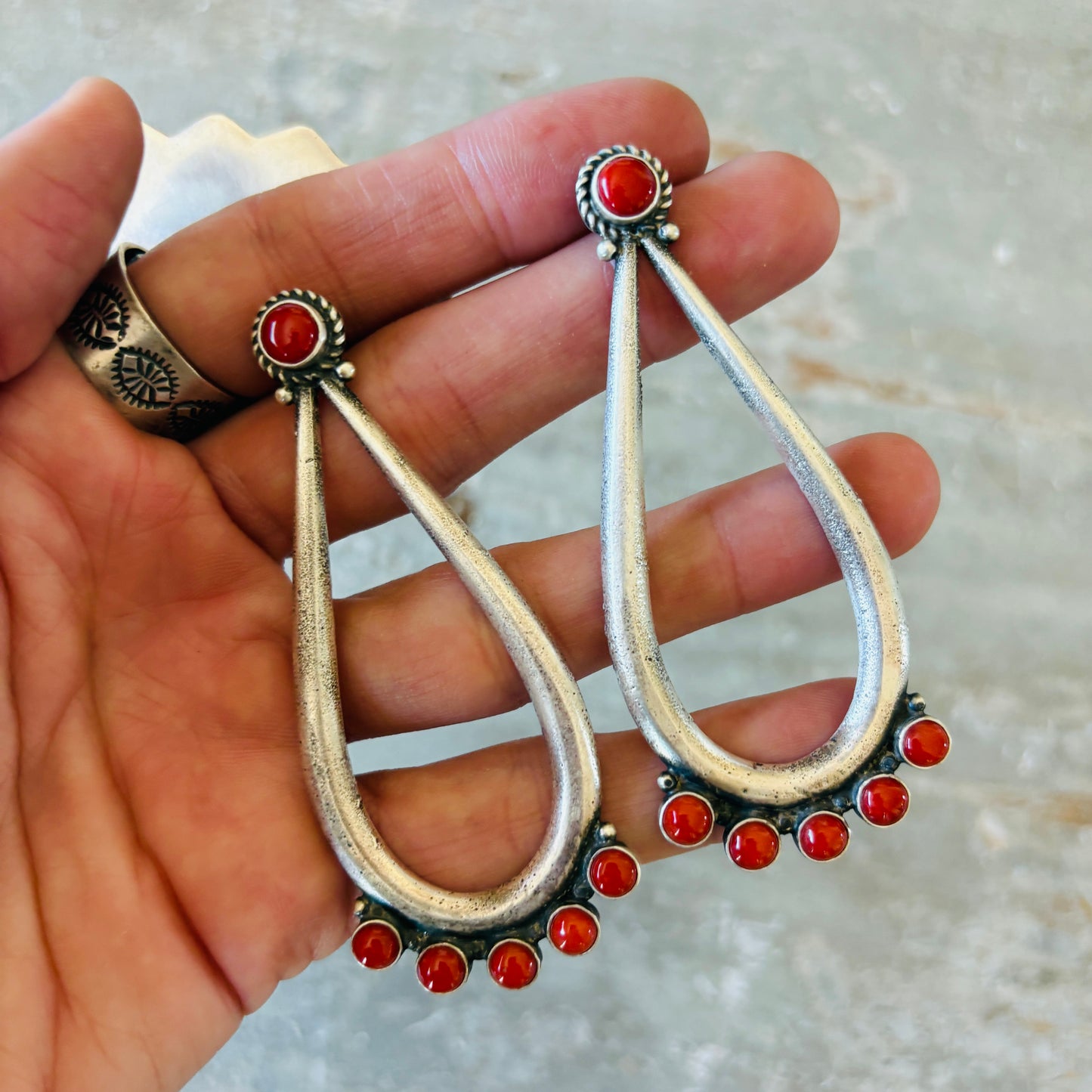 Navajo Herman Smith Sterling Silver & Red Coral Statement Earrings