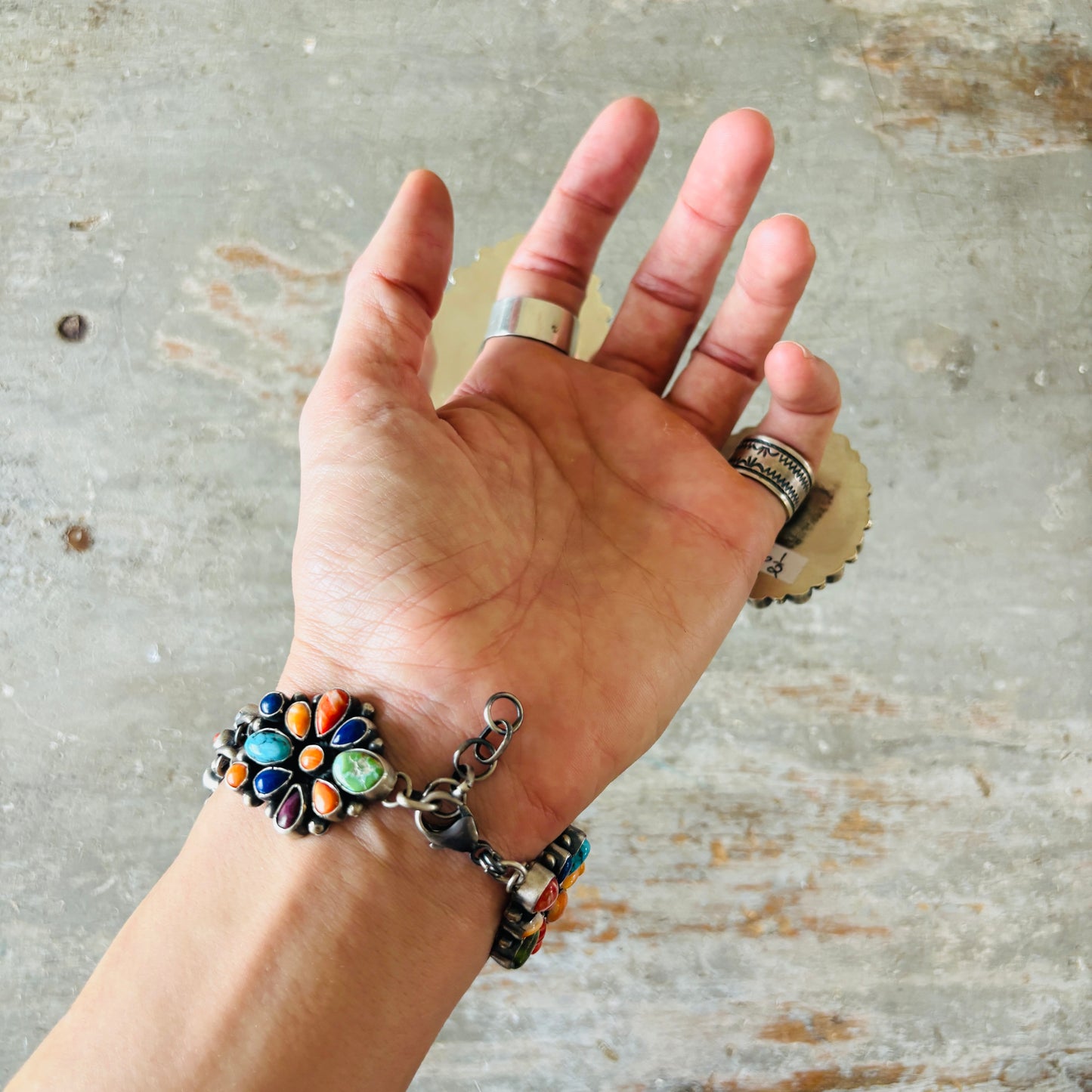 Navajo Betty Tom Sterling Silver Multi Stone Cluster Bracelet