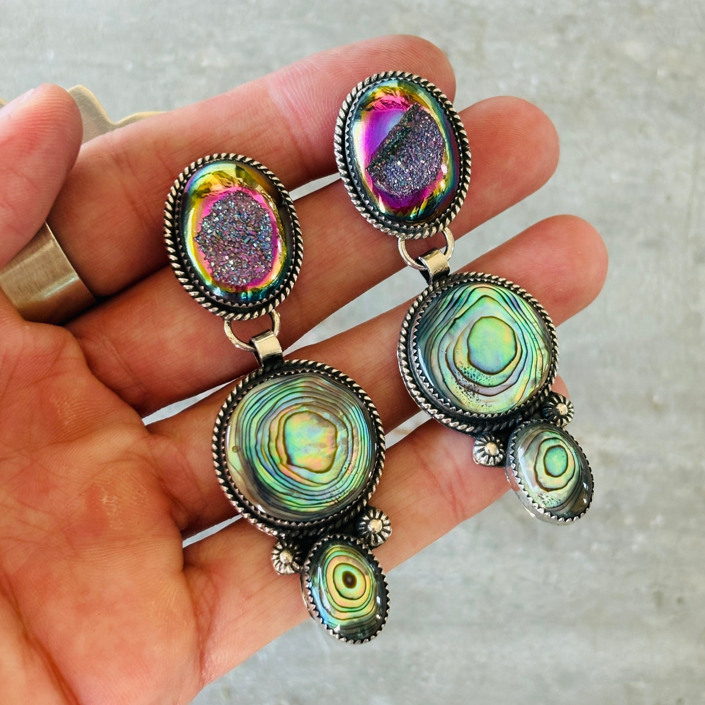 Navajo Hemerson Brown Sterling Silver - Abalone & Druzy Statement Earrings