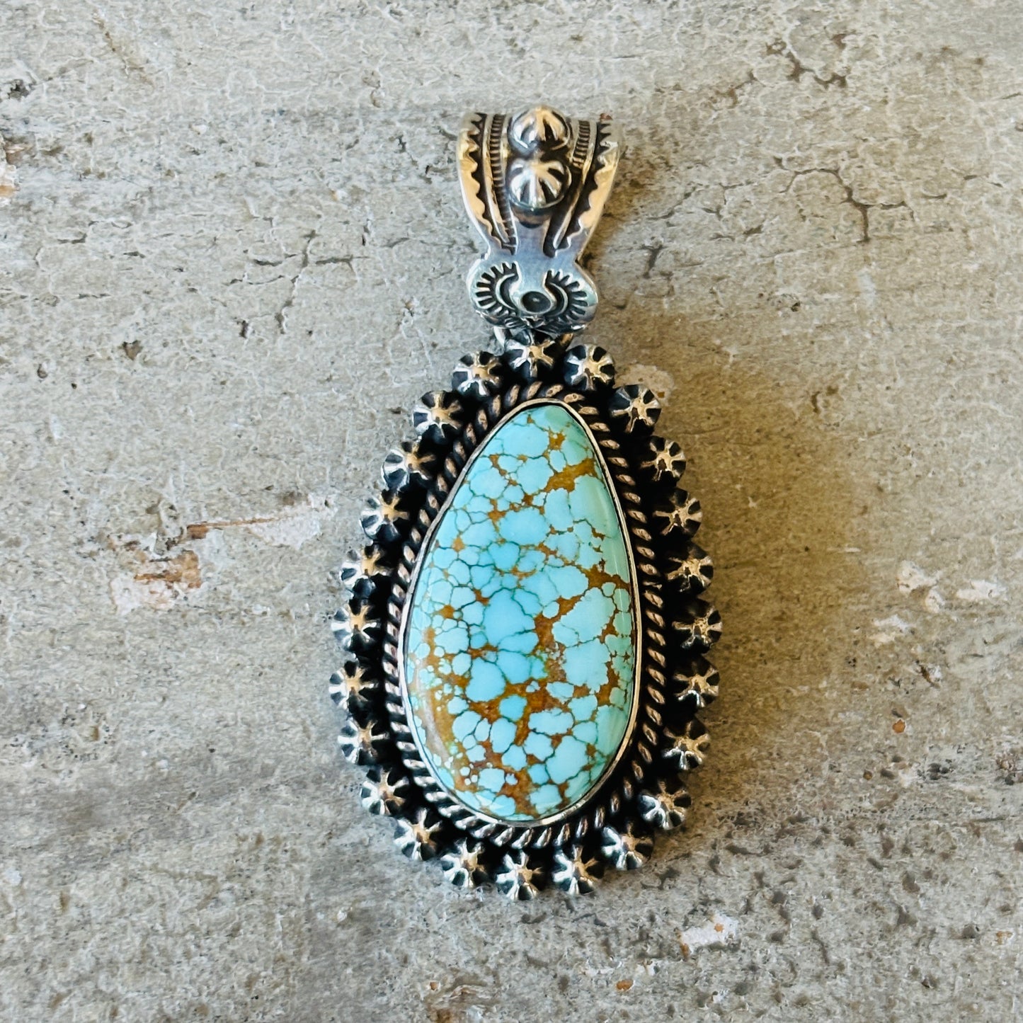Navajo Happy Piasso Sterling Silver & #8 Turquoise Starburst Pendant