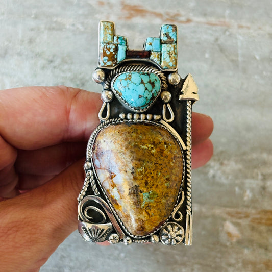 Navajo Bryan Tom Sterling Silver - Kingman - Lone Mountain Turquoise & Dinosaur Bone Maiden Ring