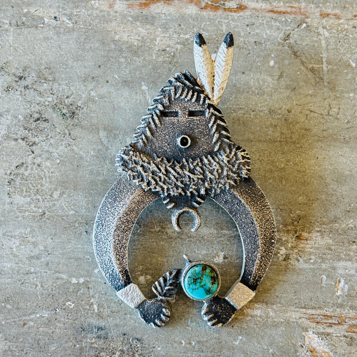 Navajo Lee Begay Sterling Silver & Kingman Turquoise Tufa Cast Yei Pendant