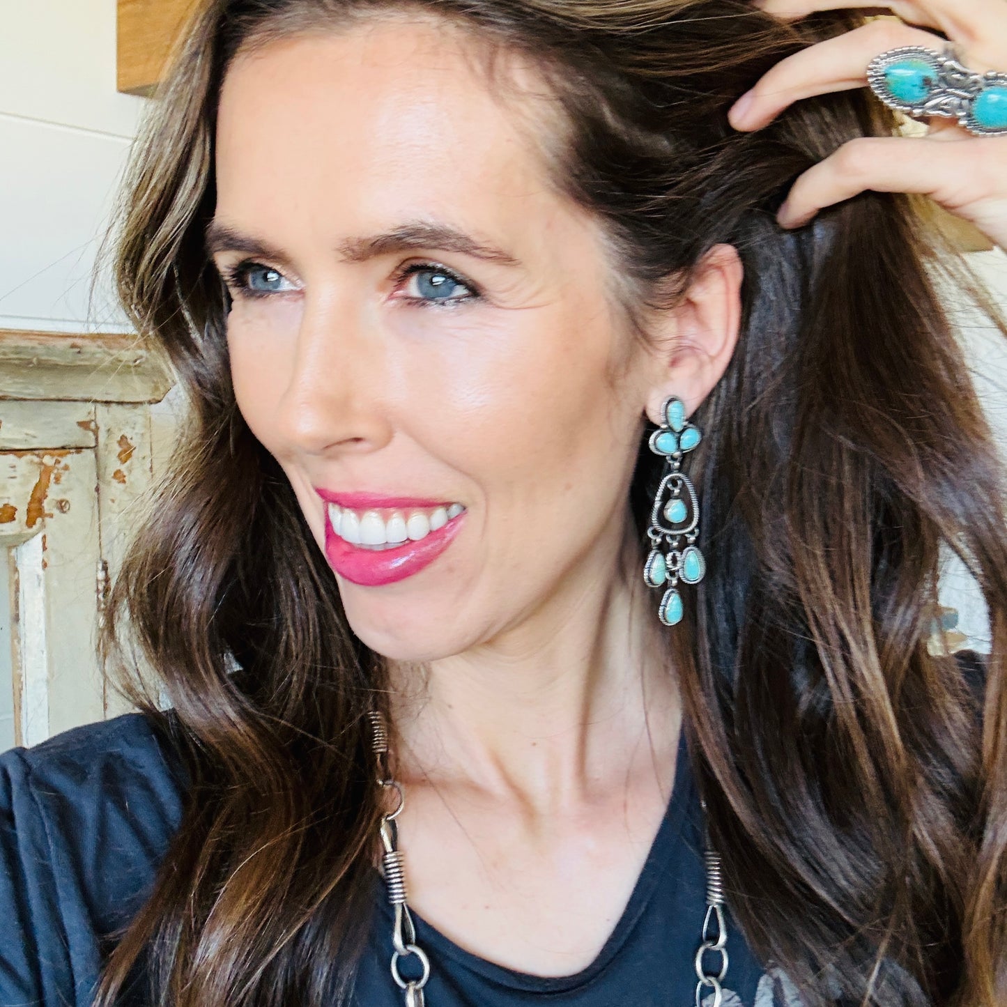 Navajo Sheila Becenti Sterling Silver & Campitos Turquoise Statement Earrings