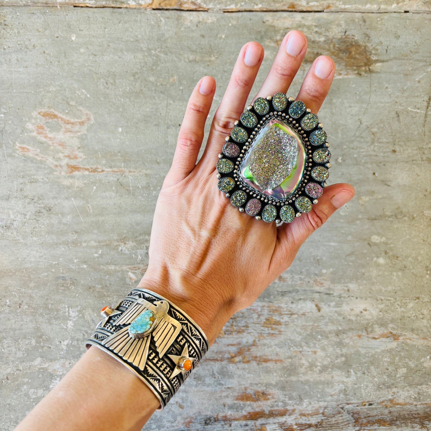 Navajo Hemerson Brown Sterling Silver & Druzy Statement Ring