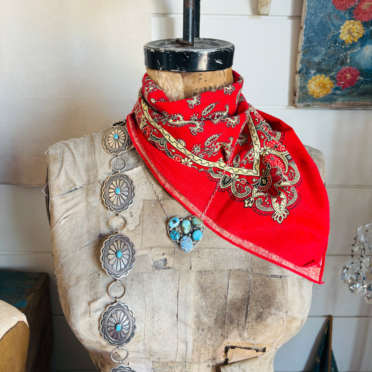 Navajo Freddy Platero Sterling Silver & Mixed Turquoise Cluster Heart Necklace