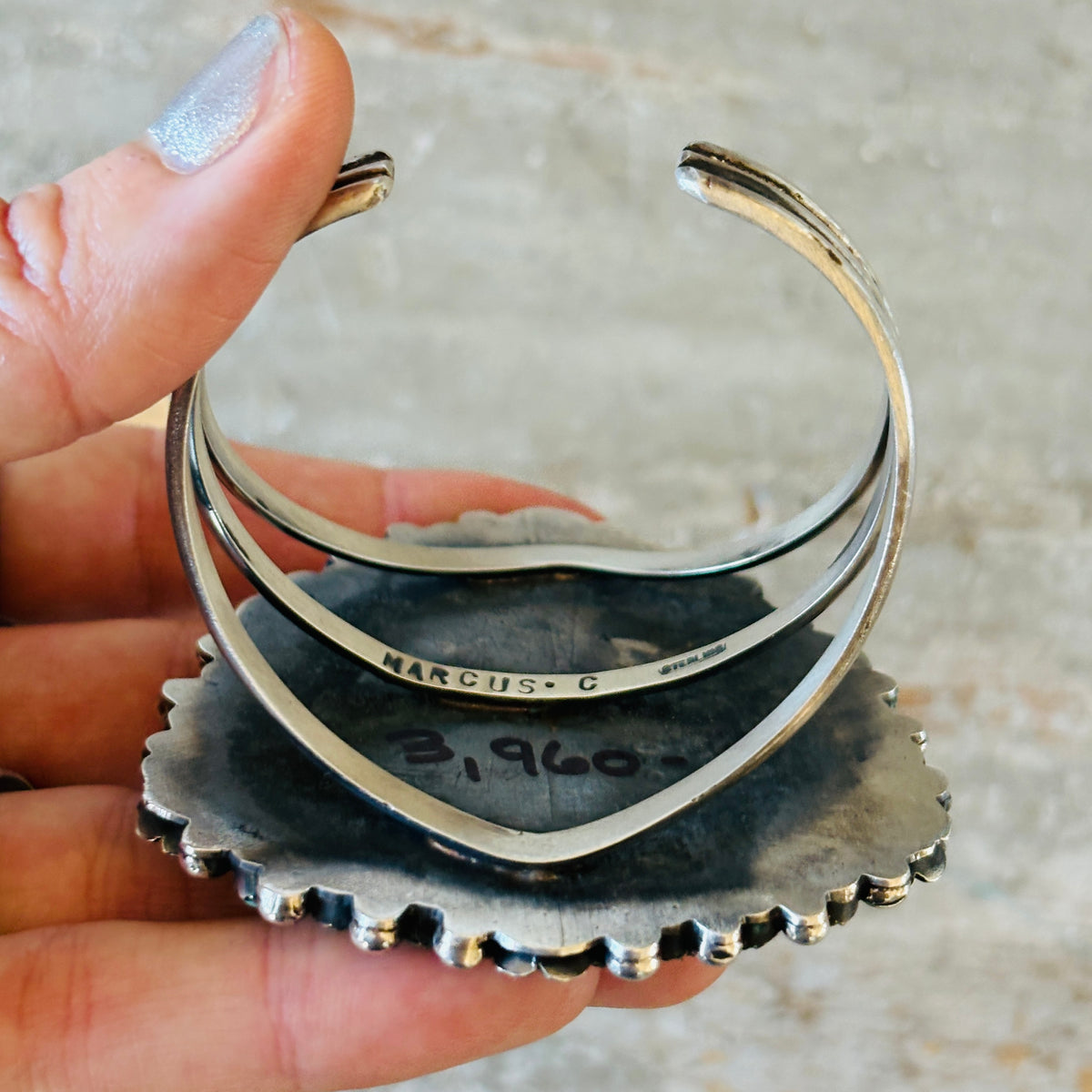 Navajo Marcus Chavez Sterling Silver & Kingman Turquoise Floral Statement Cuff