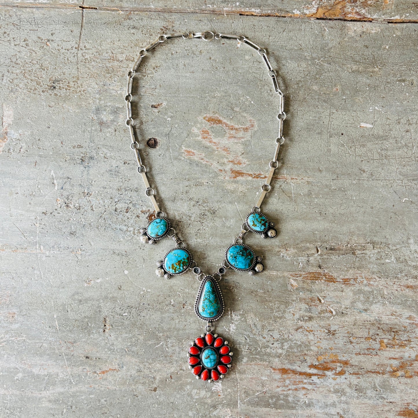 Navajo Hemerson Brown Sterling Silver - Red Coral & Web Kingman Statement Necklace