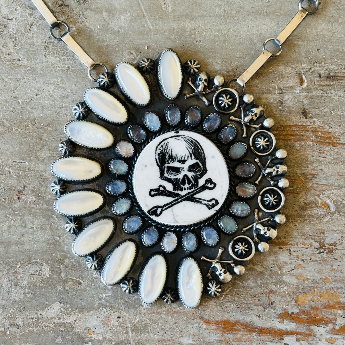 Navajo Kindale Billah Sterling Silver - Ceramic - Mother of Pearl & Moonstone Skull Necklace