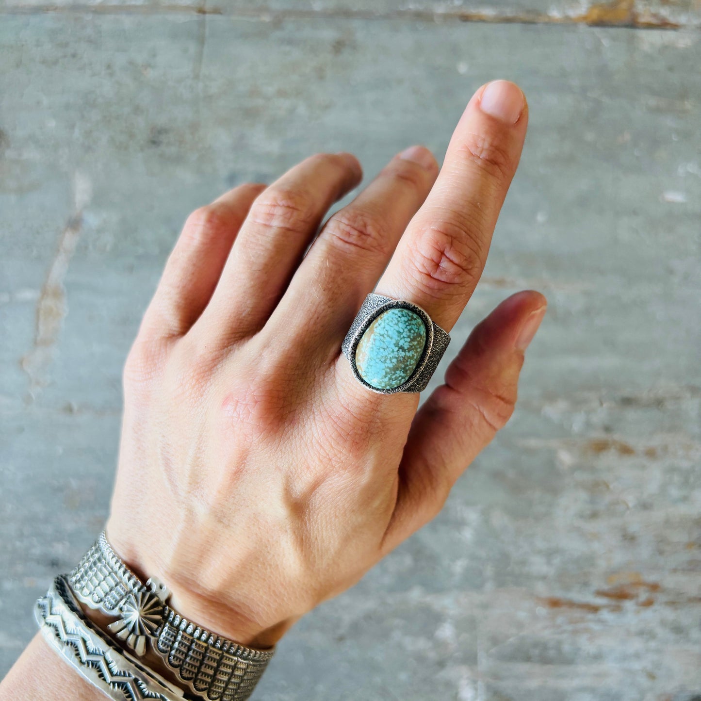 Lee Begay Sterling Silver & #8 Turquoise Tufa Cast Ring