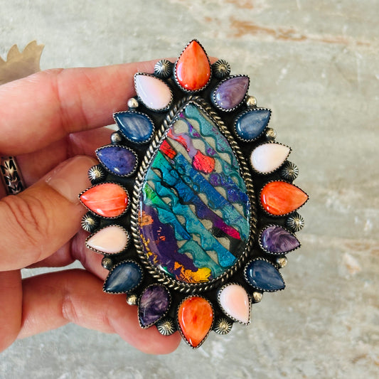 Navajo Hemerson Brown Sterling Silver & Dichroic Polymer Clay Multi Stone Cluster Cuff