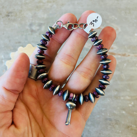 Navajo Preston Haley Sterling Silver & Purple Spiny Oyster 7mm Saucer Handmade Pearls Blossom Bracelet
