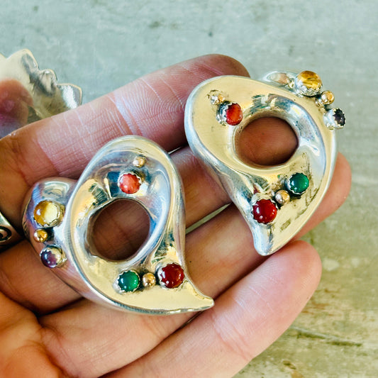 Navajo Herman Wilson (Caster) & Rena Secatero Sterling Silver & Multi Stone Heart Earrings