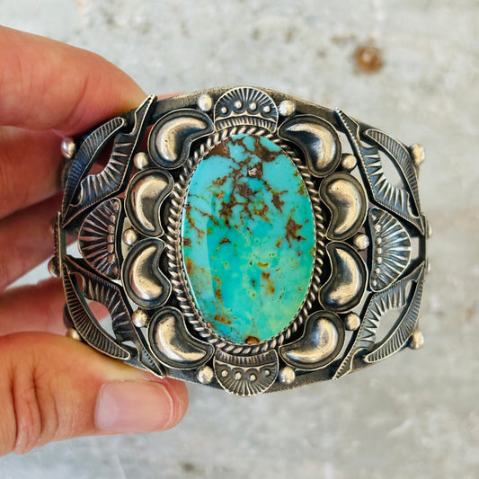 Navajo Kevin Billah Sterling Silver & Kingman Turquoise Statement Cuff