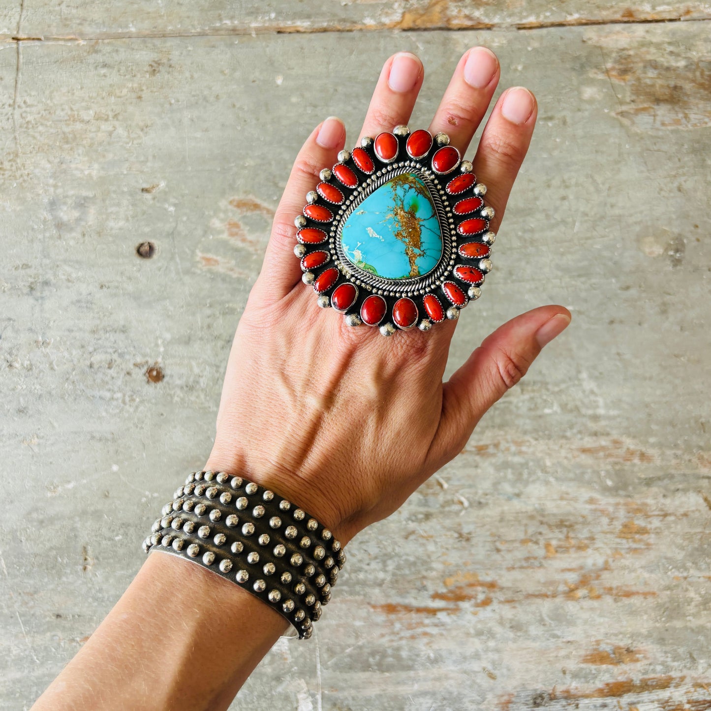 Navajo Hemerson Brown Sterling Silver - Sonoran Turquoise & Mediterranean Red Coral Cluster Statement Ring