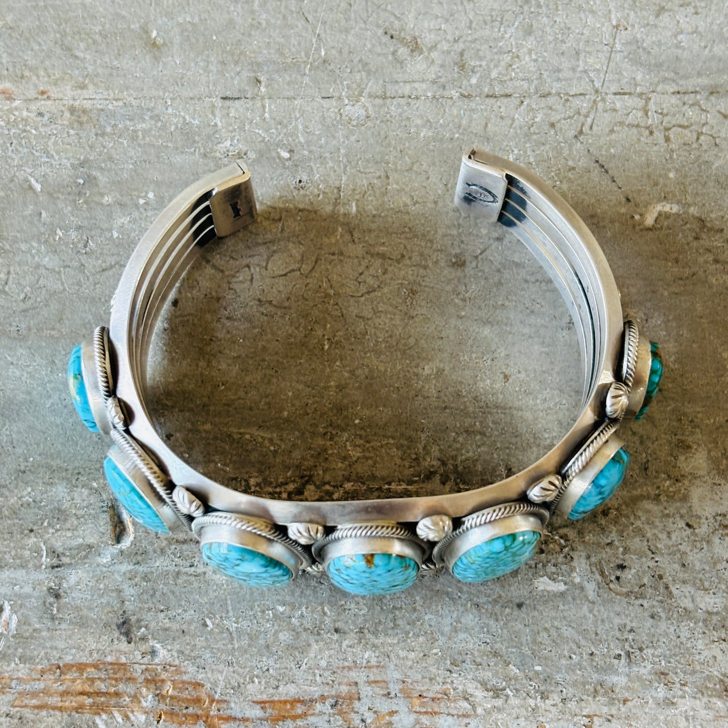 Navajo Freddie Maloney Sterling Silver & Spiderweb Kingman Turquoise 7 Stone Statement Cuff