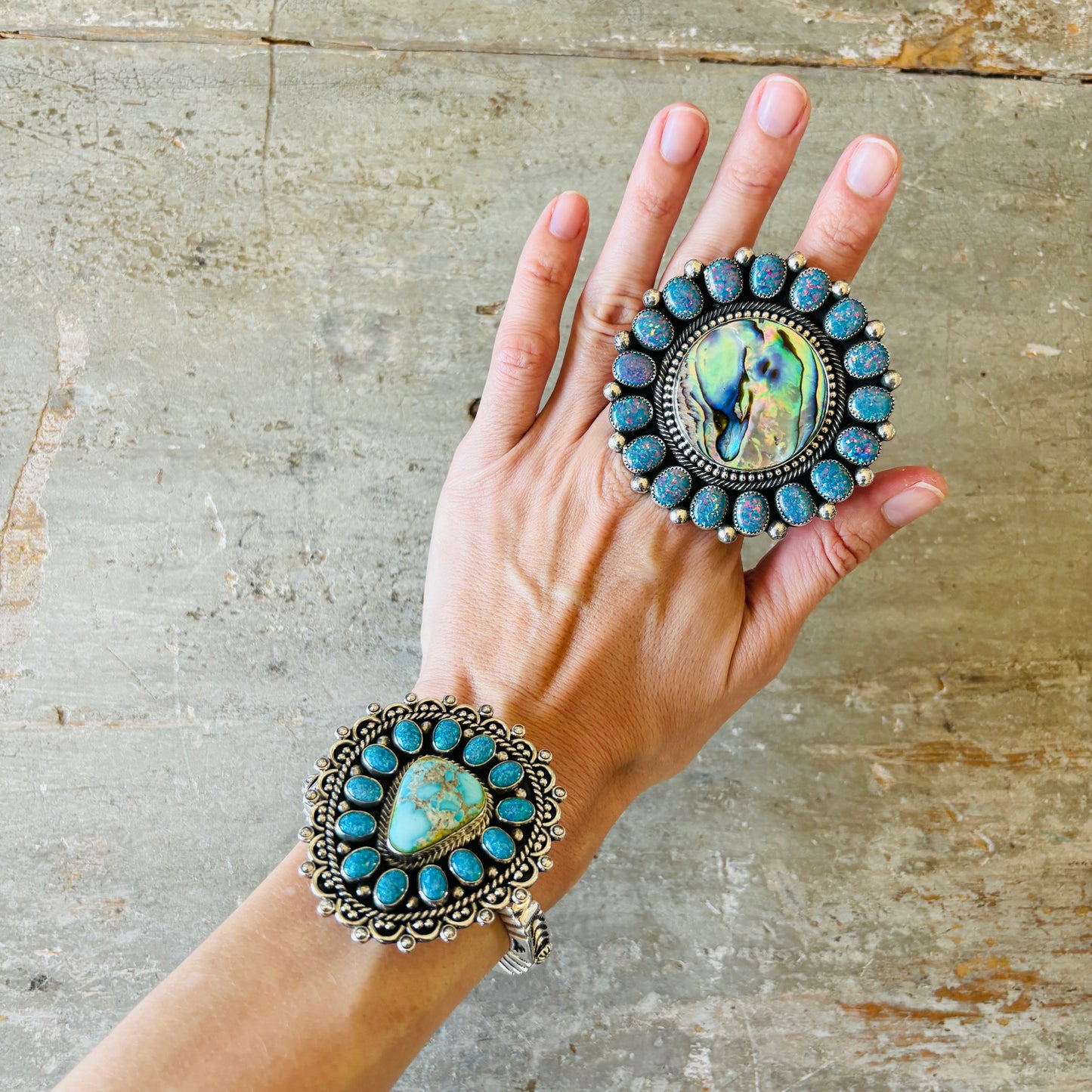 Navajo Hemerson Brown Sterling Silver - Abalone & Purple Lab Opal Cluster Statement Ring
