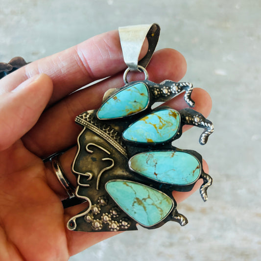 Navajo Miranda Willie Sterling Silver & Kingman Turquoise Kachina Pendant