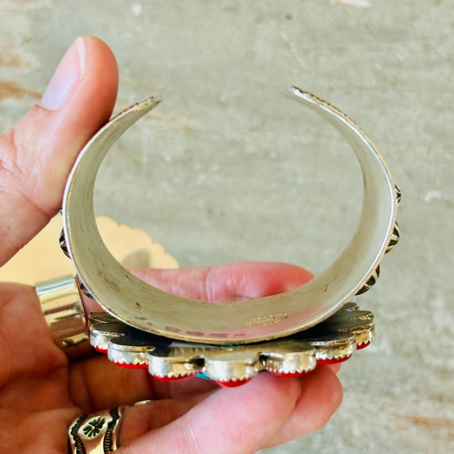 Navajo Edmund Piasso Sterling Silver - Red Coral & Kingman Turquoise Cluster Statement Cuff