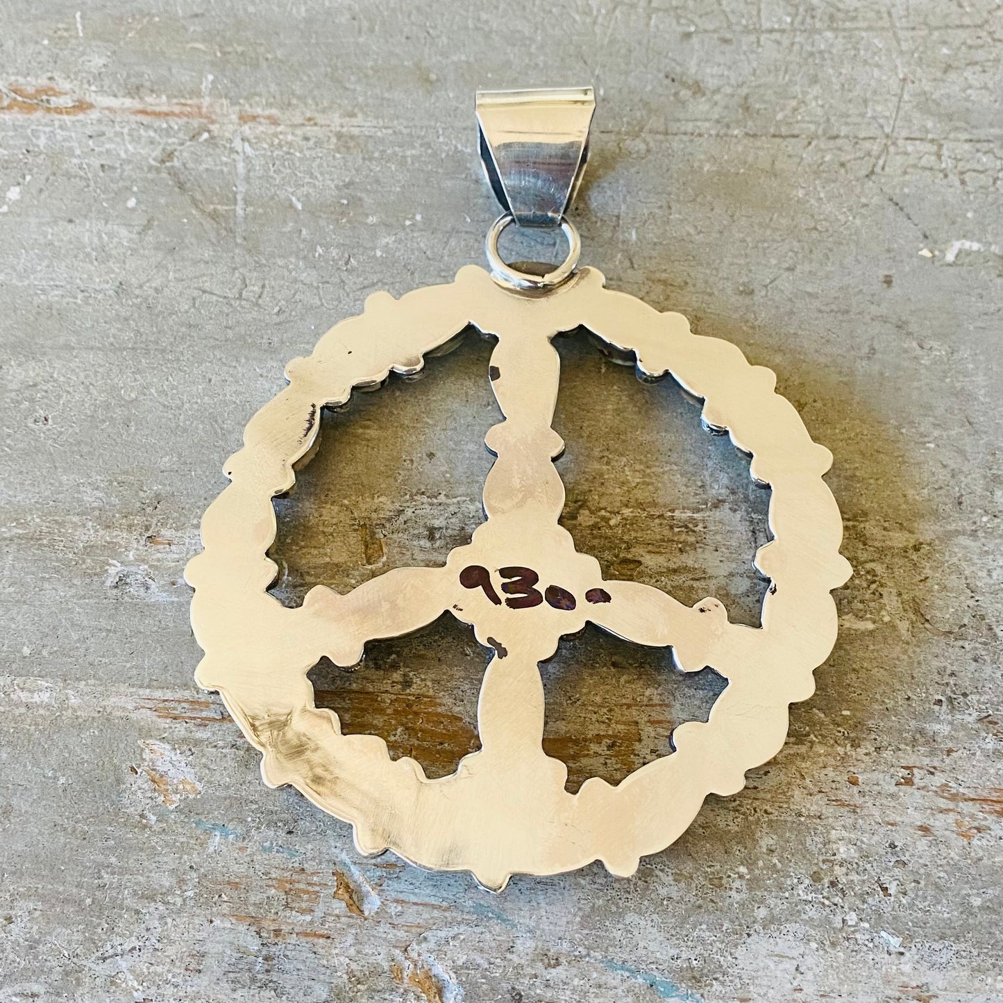 Navajo Lorenzo & Jerilyn Chee Sterling Silver & Palomino Variscite Peace Sign Pendant