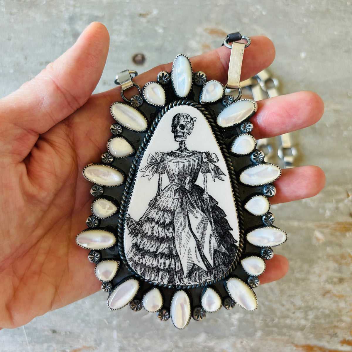 Navajo Kindale Billah Sterling Silver - Ceramic & Mother of Pearl Skelton Necklace