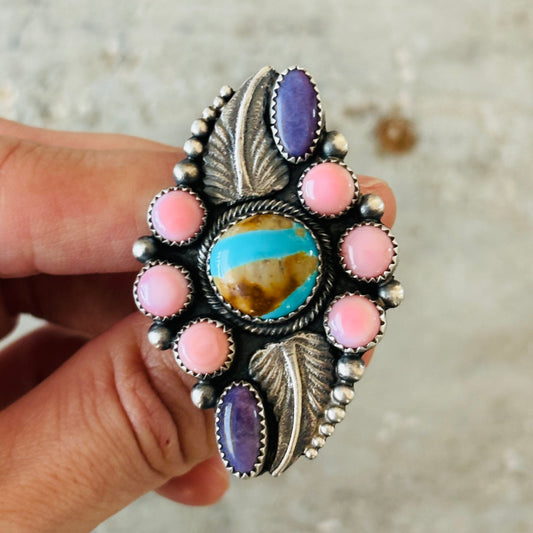 Kindale Billah Sterling Silver - Pink Conch - Charoite & Kingman Turquoise Cluster Ring