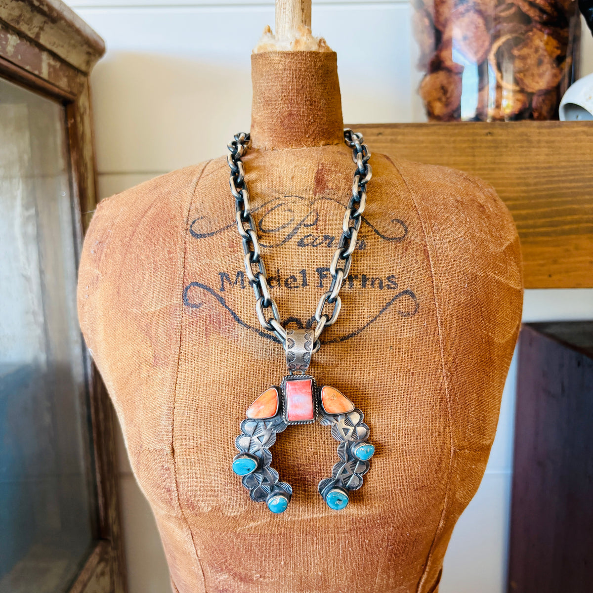 Navajo Shawn Cayatineto Sterling Silver - Red - Orange Spiny Oyster & Kingman Turquoise Naja Pendant