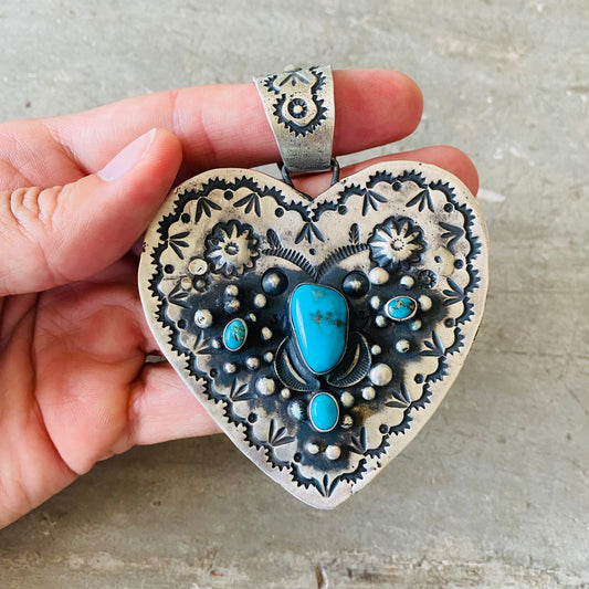 Navajo Derick Dawes Sterling Silver & Turquoise Heart Pendant