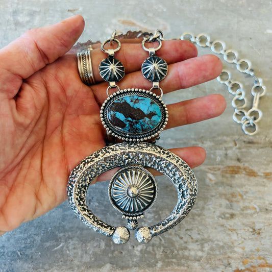 Navajo Hemerson Brown Sterling Silver & Egyptian Turquoise Naja Necklace