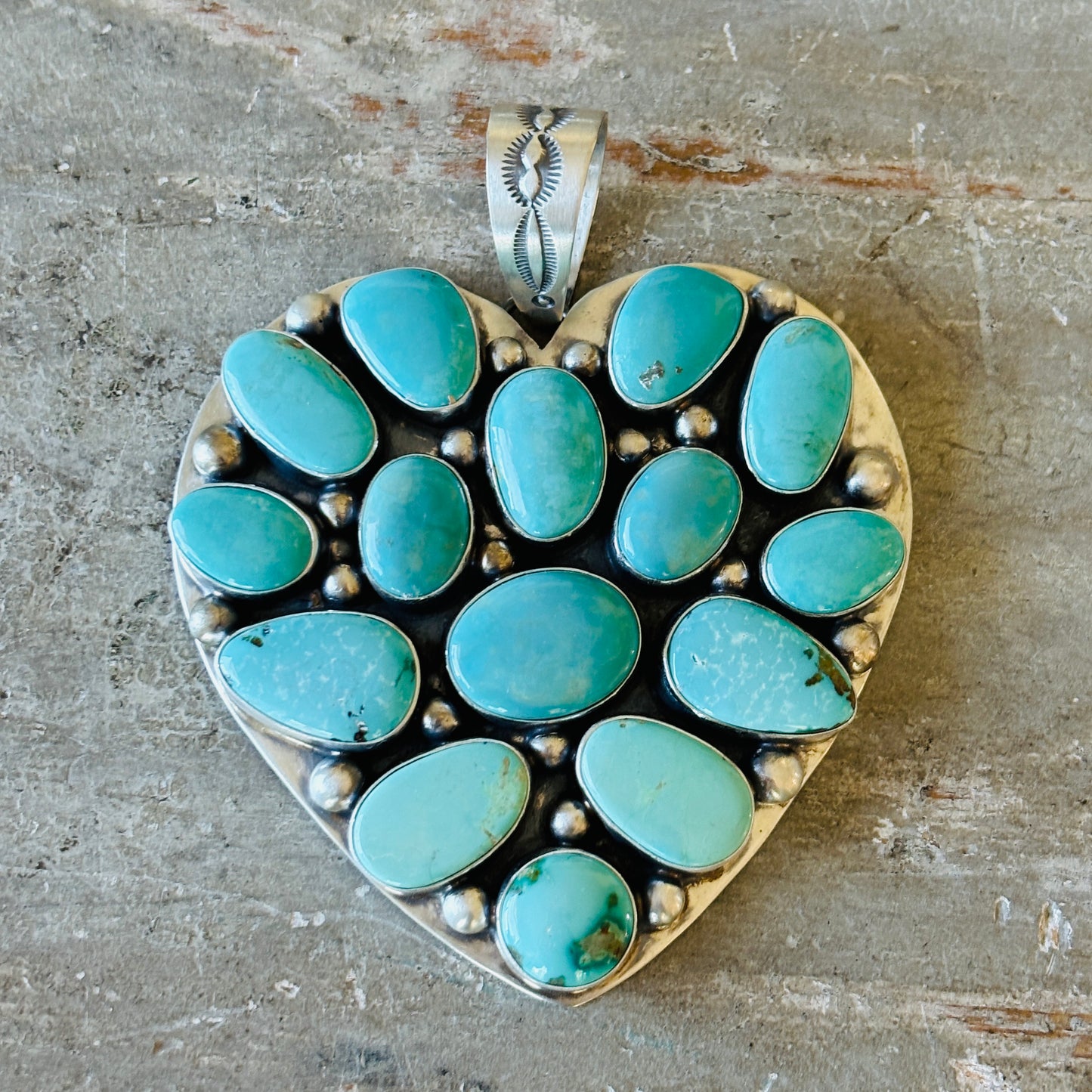 Navajo Kathleen Livingston Sterling Silver & Kingman Turquoise Heart Cluster Pendant