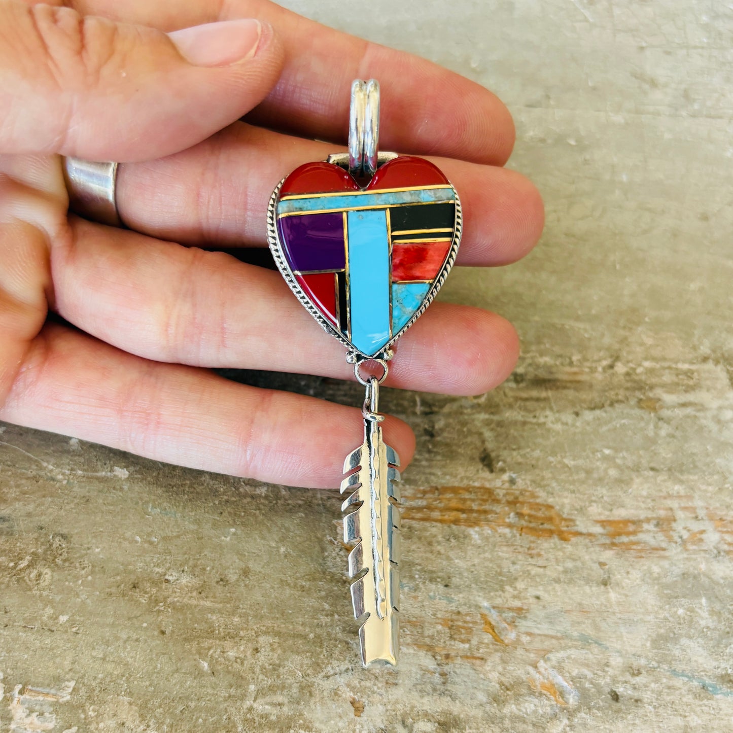 Navajo Signed Sterling Silver Multi Stone Heart Pendant