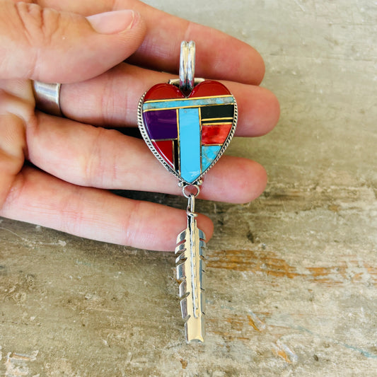 Navajo Signed Sterling Silver Multi Stone Heart Pendant