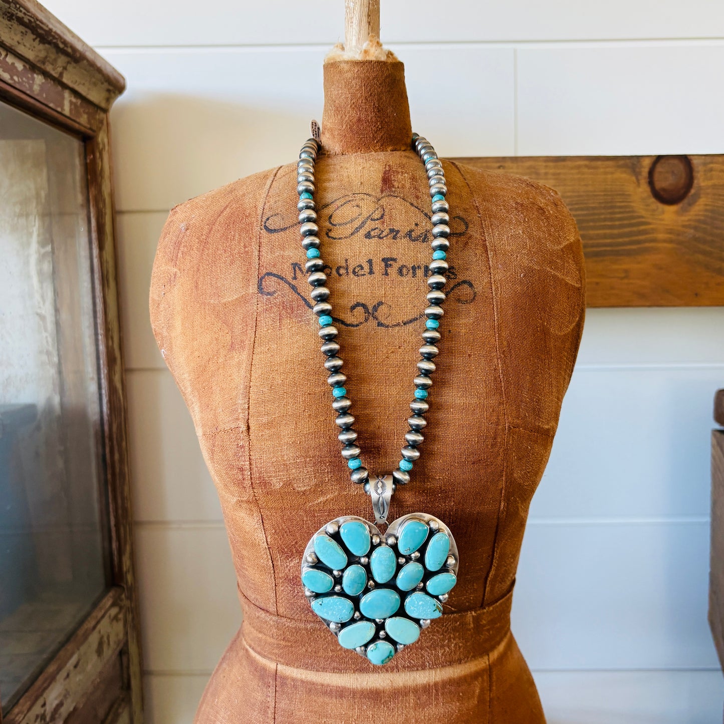 Navajo Kathleen Livingston Sterling Silver & Kingman Turquoise Heart Cluster Pendant