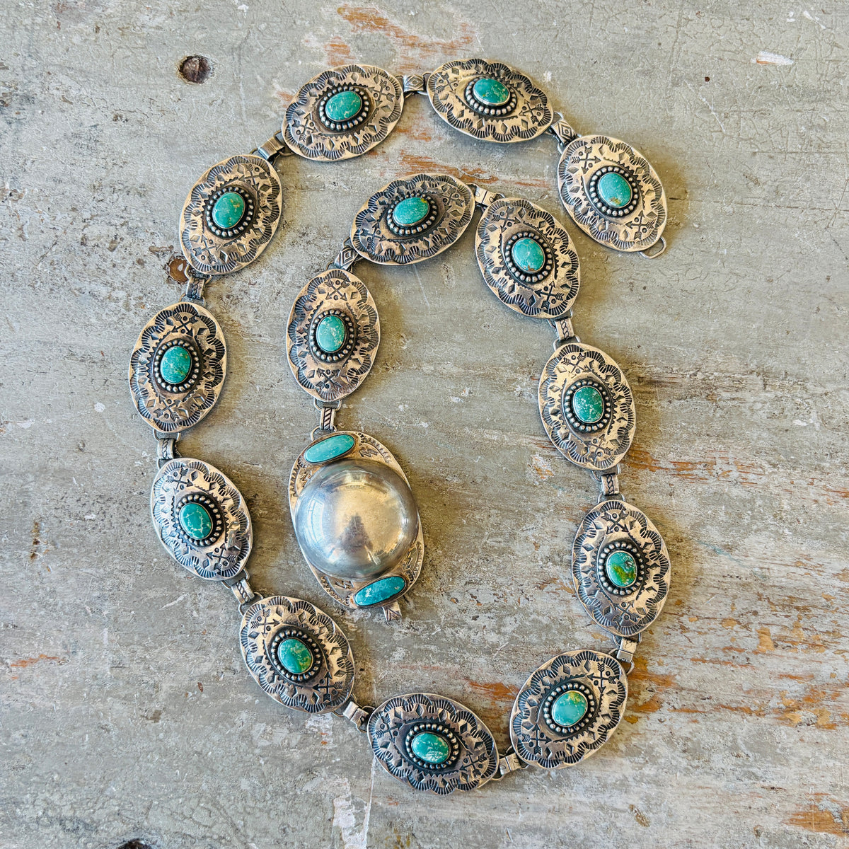 Vintage Fred Harvey Era Sterling Silver & Turquoise Concho Belt