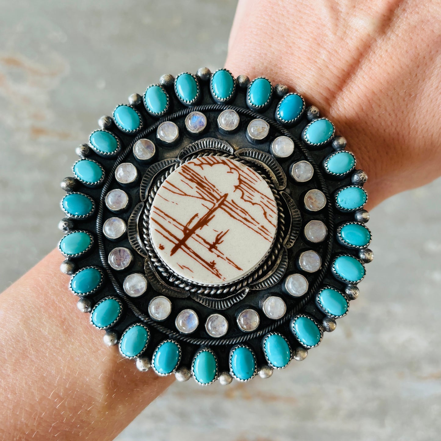 Navajo Kindale Billah Sterling Silver - Ceramic - Moonstone & Kingman Turquoise Cluster Cuff