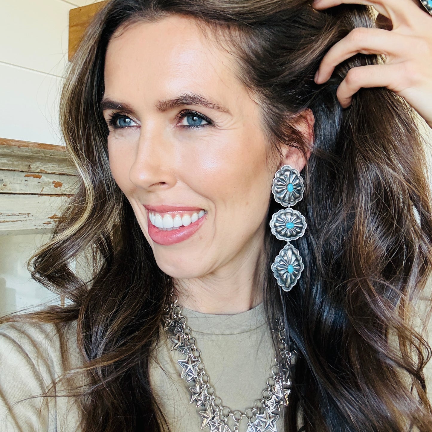 Navajo Rita Lee Sterling Silver & Kingman Turquoise Concho Earrings