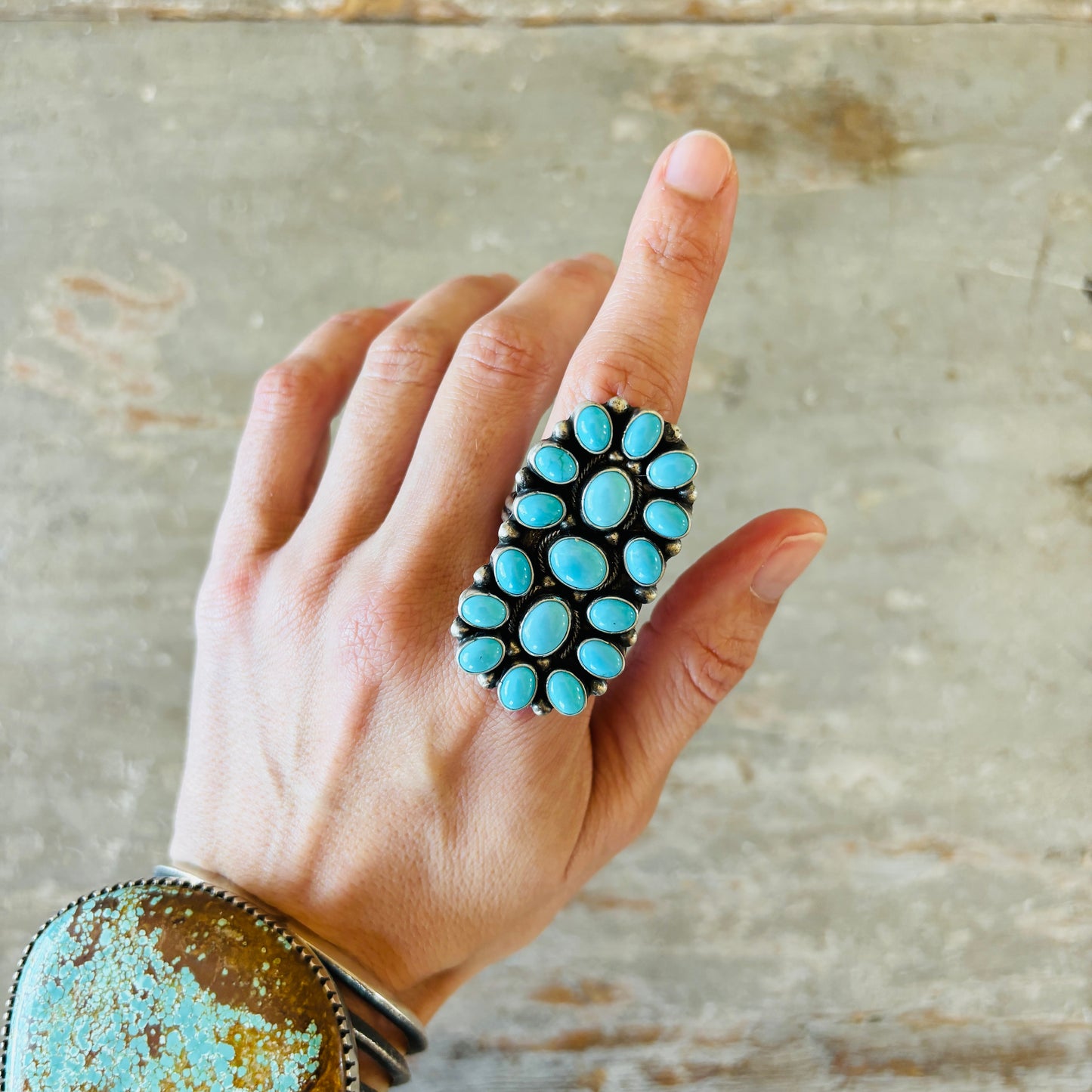 Navajo Sheila Becenti Sterling Silver & Sleeping Beauty Turquoise Cluster Ring