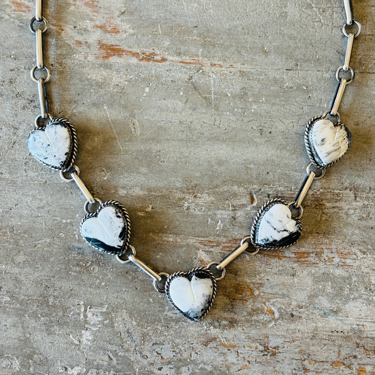 Navajo Lawrence Archuleta Sterling Silver & White Buffalo Hearts Necklace